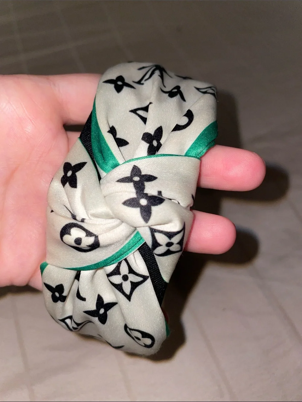 Designer-Style White and Green Patterned Knotted Headband